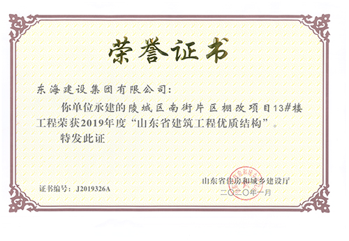 陵城區南街片區棚改項目13#樓工程榮獲2019年度“山東省建筑工程優質結構”